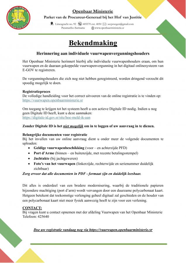 Bekendmaking Herinnering aan individuele vuurwapenvergunningshouders 