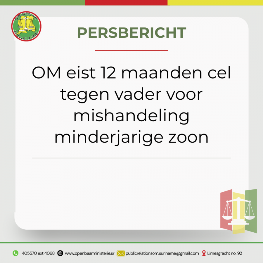 PERSBERICHT OM eist 12 maanden cel tegen vader voor mishandeling minderjarige zoon