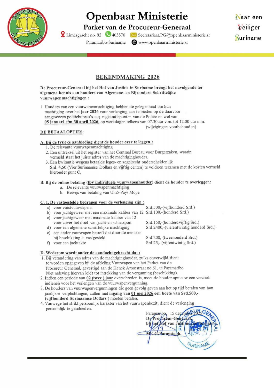 Bekendmaking inzake verlenging vuurwapenmachtigingen 2026